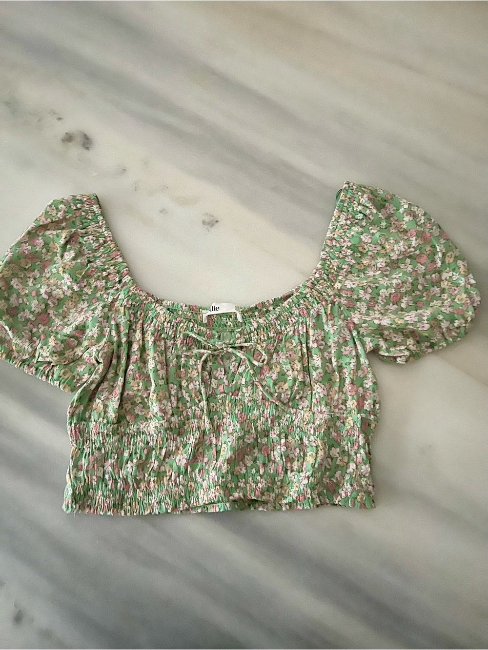 Elodie Green Floral Smocked Puff Sleeve Crop Top